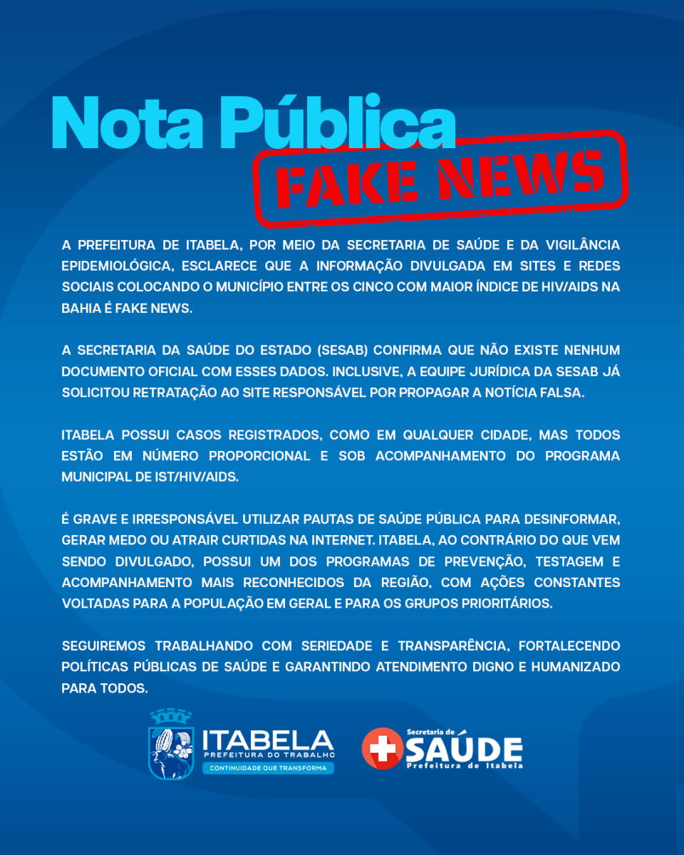 Prefeitura de Itabela desmente fake news sobre ndices de HIV/Aids